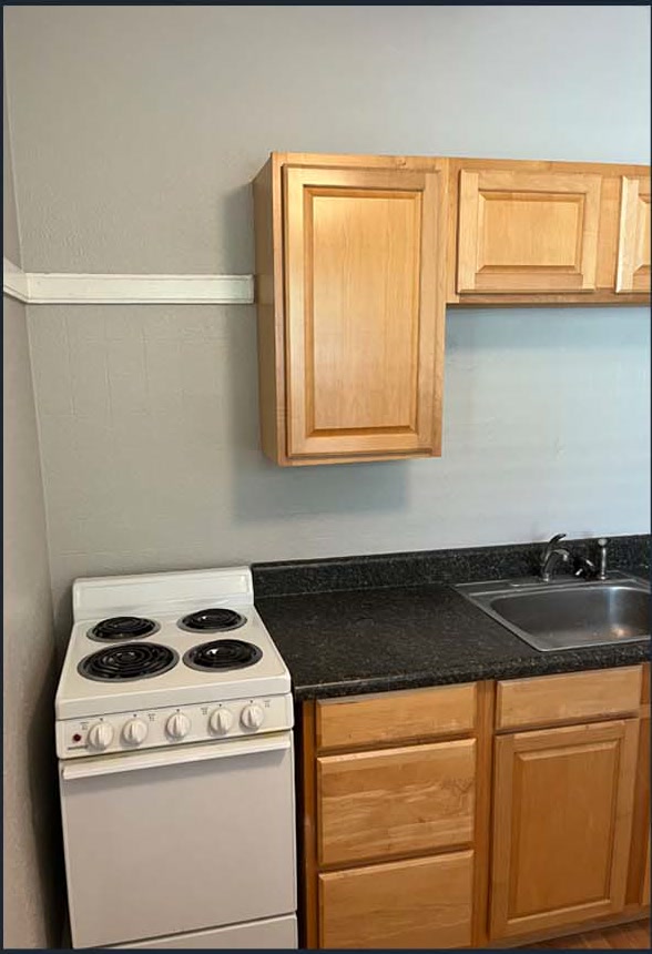 Kitchen cabinetry, counter, sink, and stove
